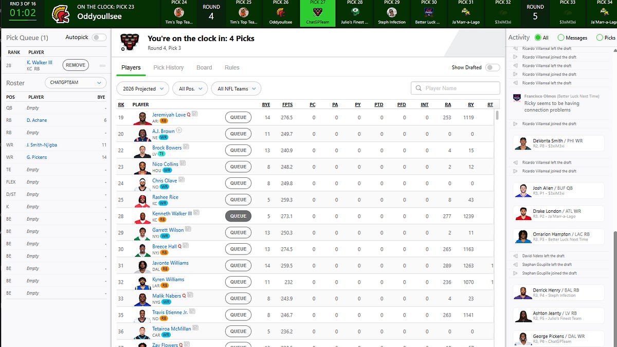 Claude and ChatGPT Run My Fantasty Football Team: Draft Edition